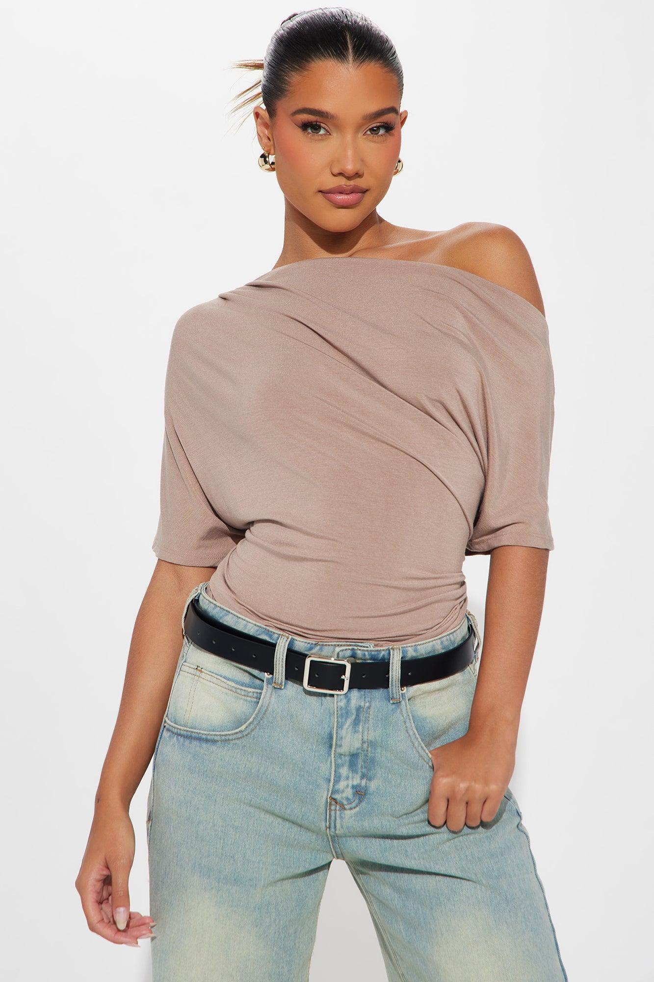 Flatter Me Off Shoulder Bodysuit - Taupe Product Image