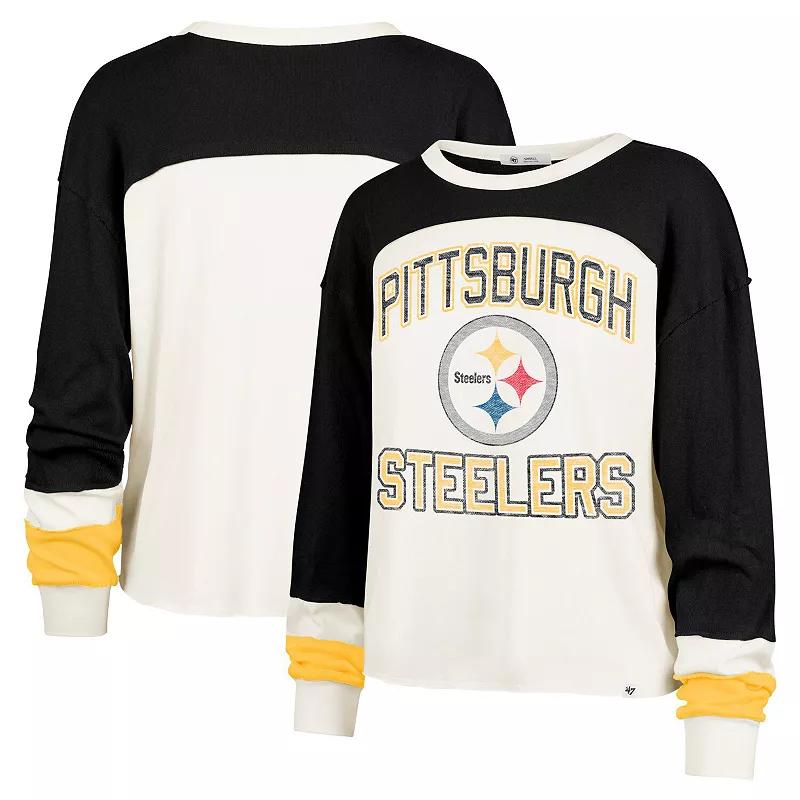 Women's '47 Cream Pittsburgh Steelers Double Header Curve Raglan Long Sleeve Crop Top, Size: Large, Beige Product Image