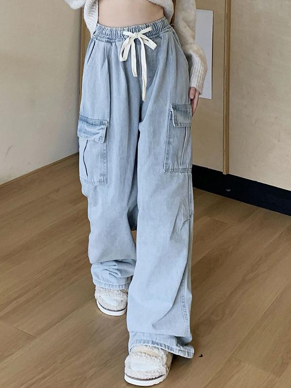 Light Wash Multi Pocket Drawstring Cargo Jeans Product Image