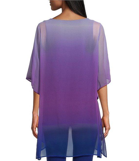 Slim Factor by Investments Purple/Royal Blue Ombre Border Print Boat Neck 3/4 Sleeve Lined Tunic Product Image