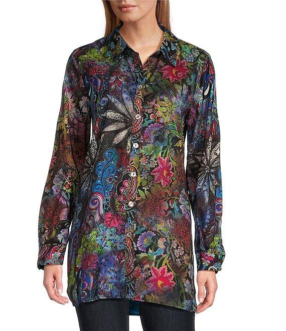 John Mark Mixed Print Satin Point Collar Long Roll-Tab Sleeve Button Front Blouse Product Image