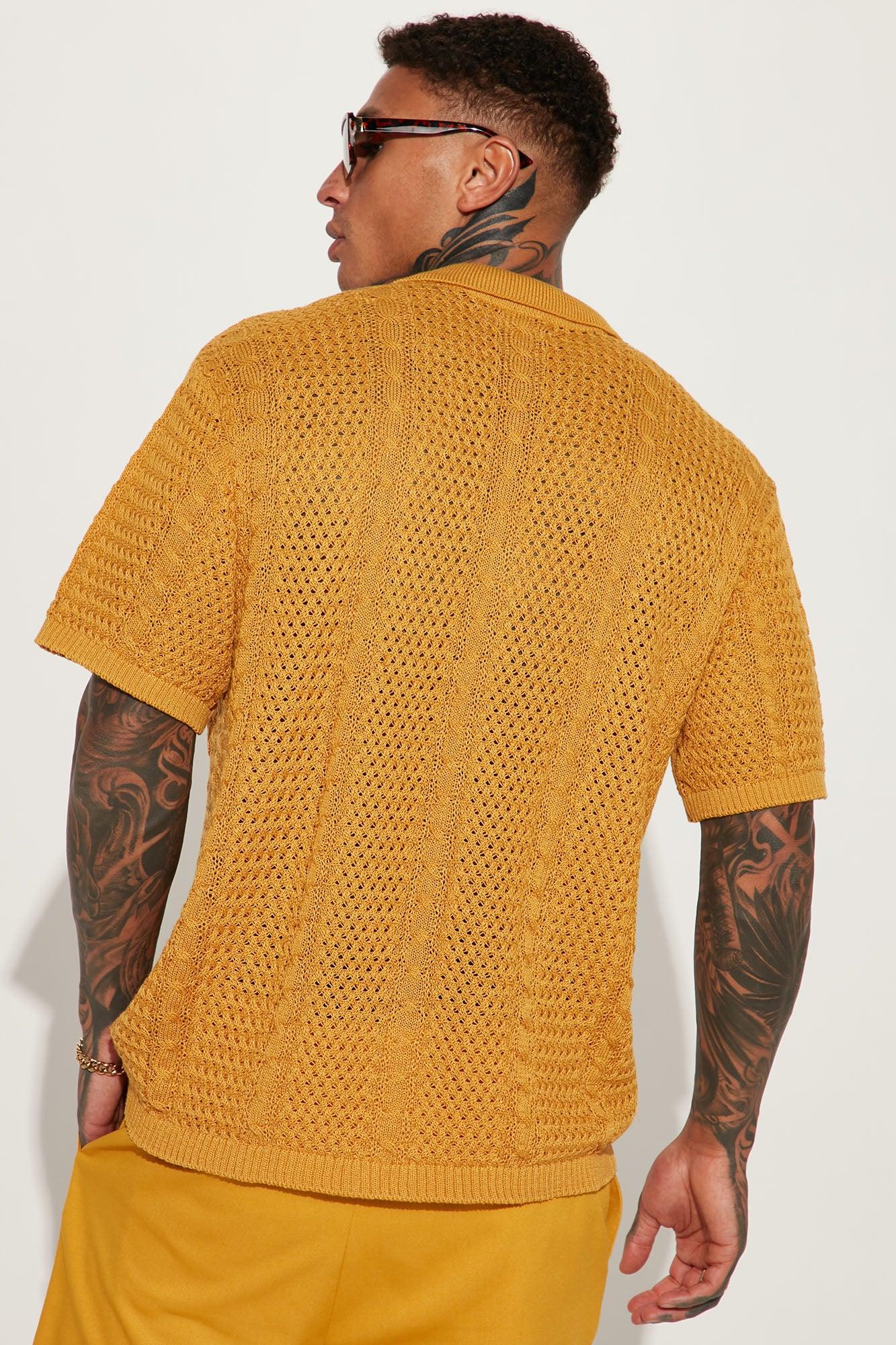 Unwind Cable Knit Short Sleeve Button Up - Mustard Product Image