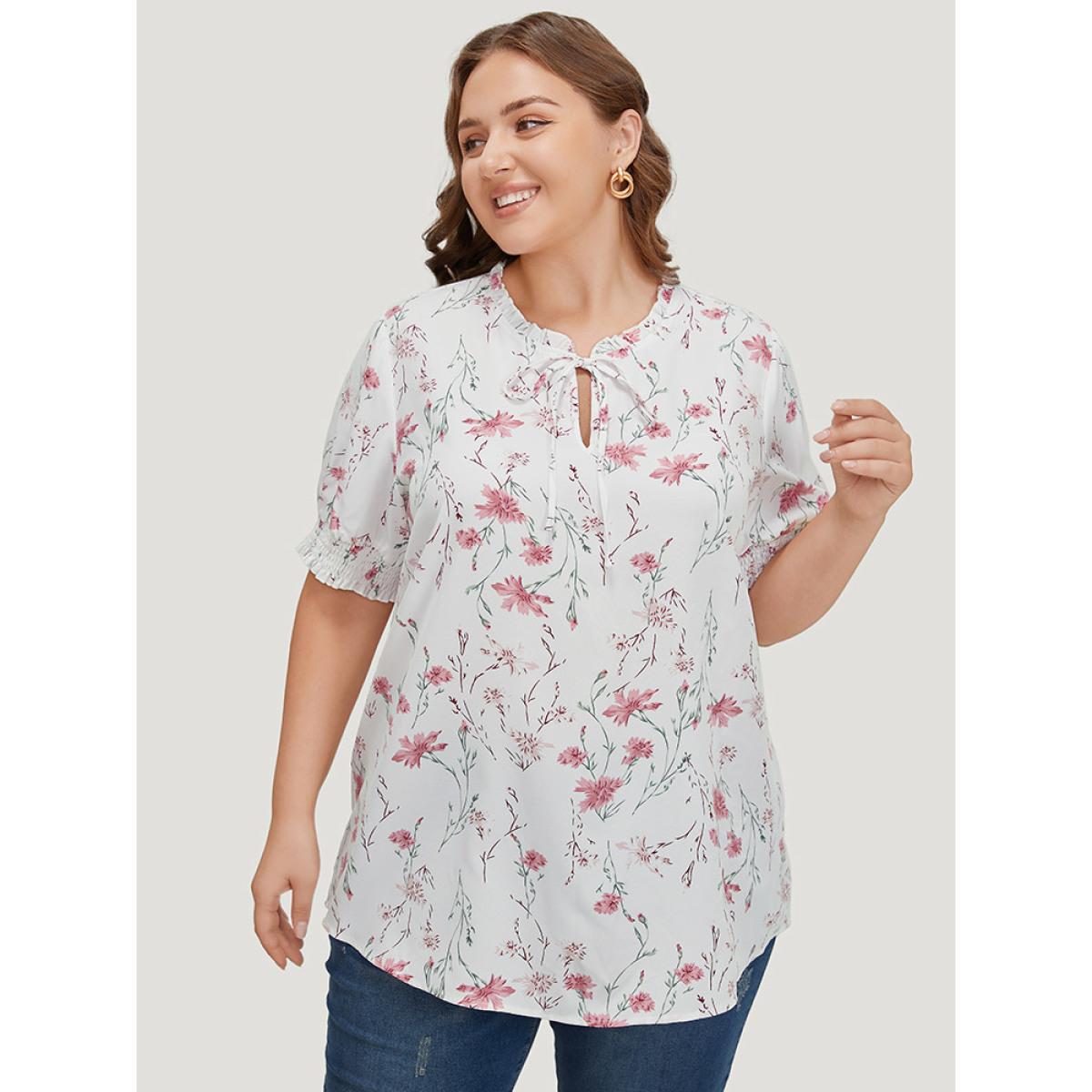 Plus Size White Floral Knot Frill Trim Shirred Lantern Sleeve Blouse Women Elegant Short sleeve Tie Neck Dailywear Blouses BloomChic 18-20/2X Product Image