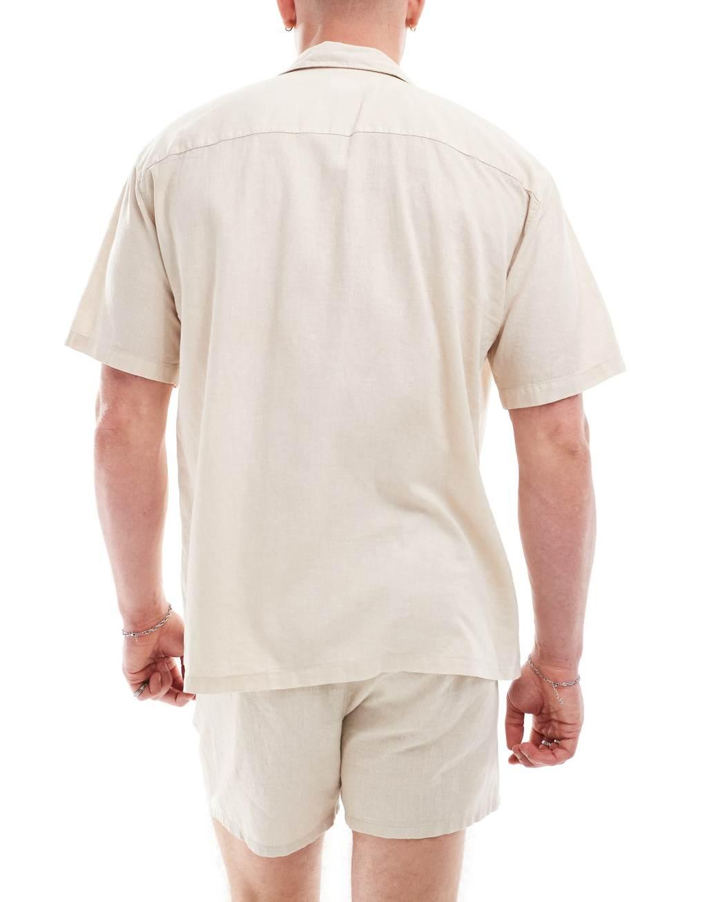 Pull&Bear linen mix camp collar shirt in sand Product Image