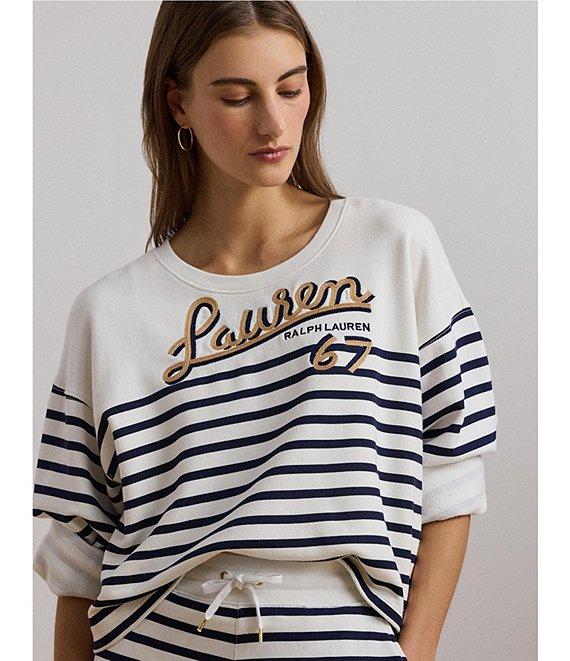 Lauren Ralph Lauren Striped French Terry Embroidered Crew Neck Long Sleeve Cropped Sweatshirt Product Image