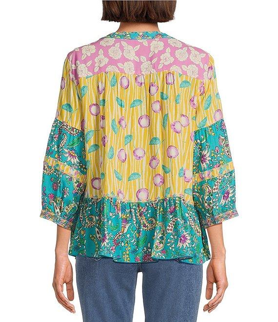 John Mark Embroidered Multi Print Banded Y-Neck 3/4 Sleeve Popover Top Product Image