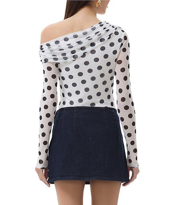 AFRM Barry Dotted Print Mesh Asymmetric Neck Long Sleeve Top Product Image