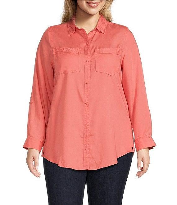 Intro Plus Size Button Front Slub Point Collar Roll-Tab Long Sleeve Lyocell Shirt Product Image