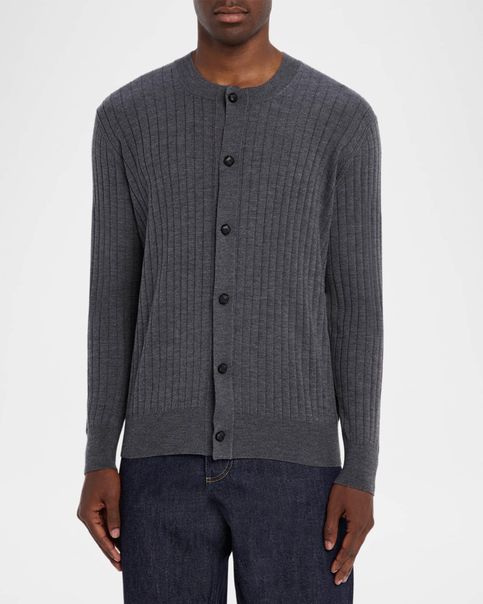 Men's Ribbed Wool Cardigan with Leather Buttons Product Image