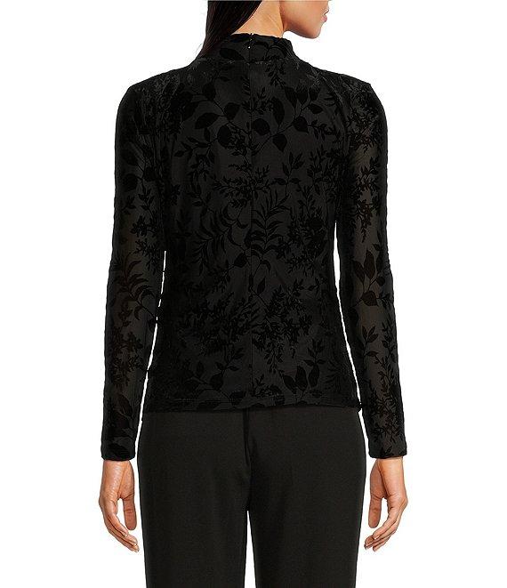 Calvin Klein Floral Burnout Crushed-Velvet Long Sleeve Mock Neck Ruched Top Product Image