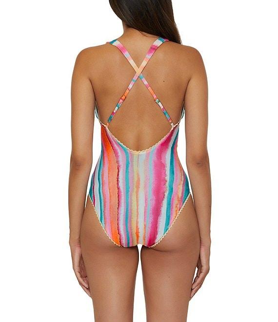 Lucky Brand Porto Covo Water Color Placement Print Plunge One Piece Swimsuit Product Image