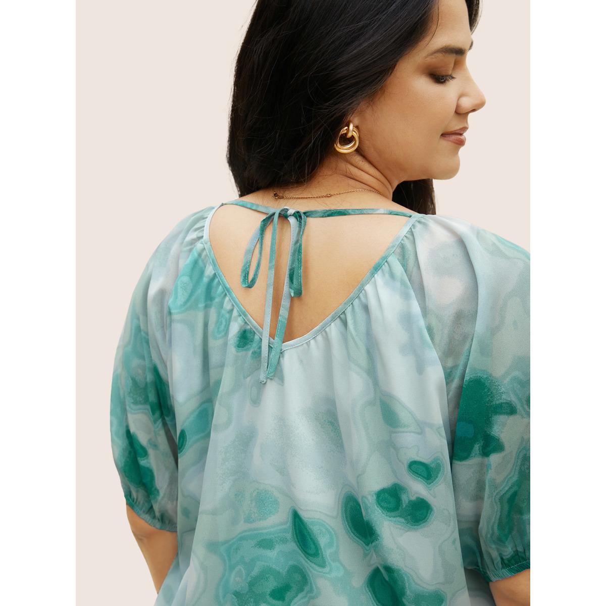 Plus Size Turquoise Synthetic Texture Raglan Sleeve Gathered Blouse Women Elegant Short sleeve V-neck Everyday Blouses BloomChic 10/M Product Image