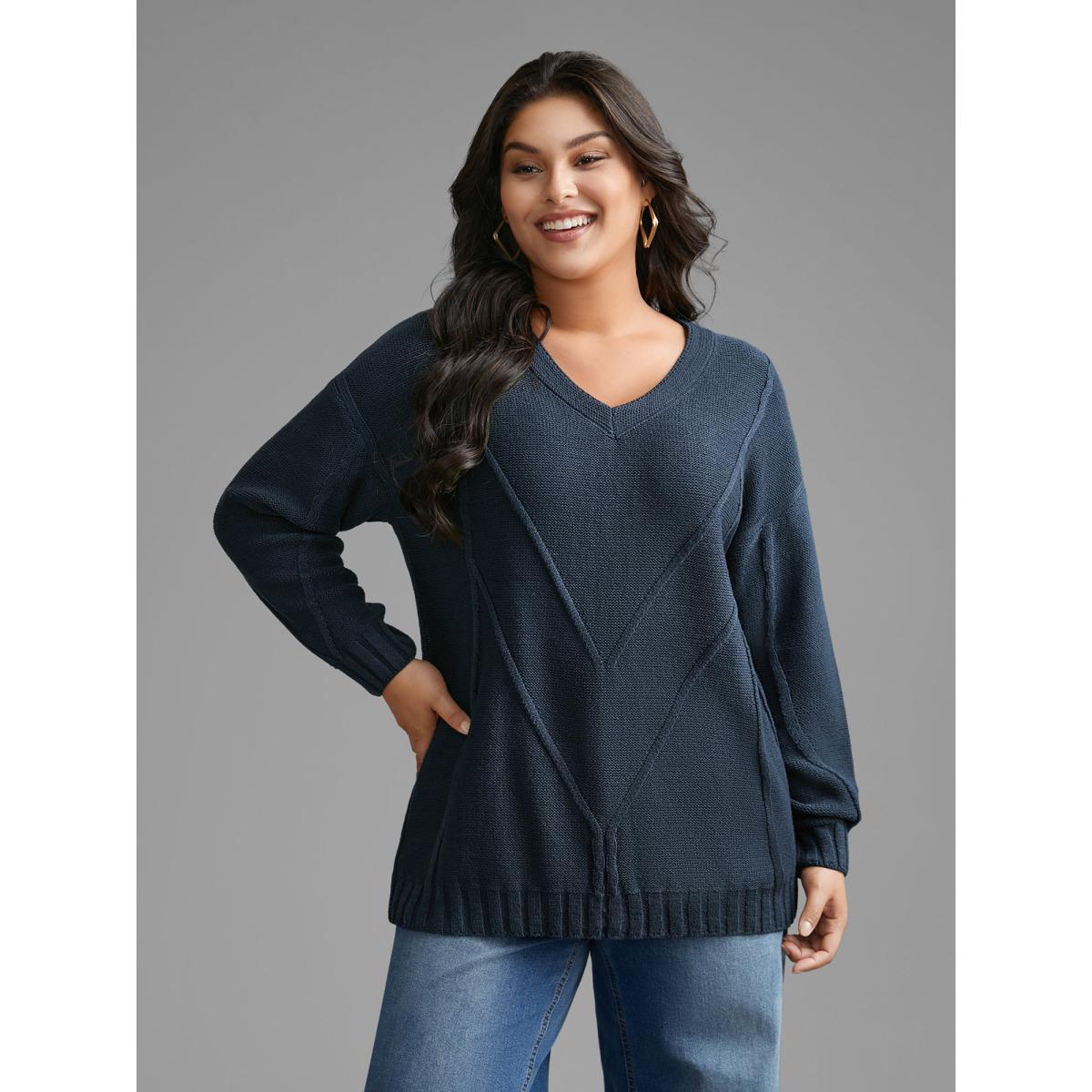 Plus Size V Neck Cable Knit Texture Pullover Midnight Women Leisure Loose Long Sleeve V-neck Casual Pullovers BloomChic 10/M Product Image