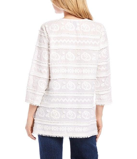 Karen Kane Embroidered Split Neck 3/4 Bell Sleeve Tassel Hem Tunic Product Image