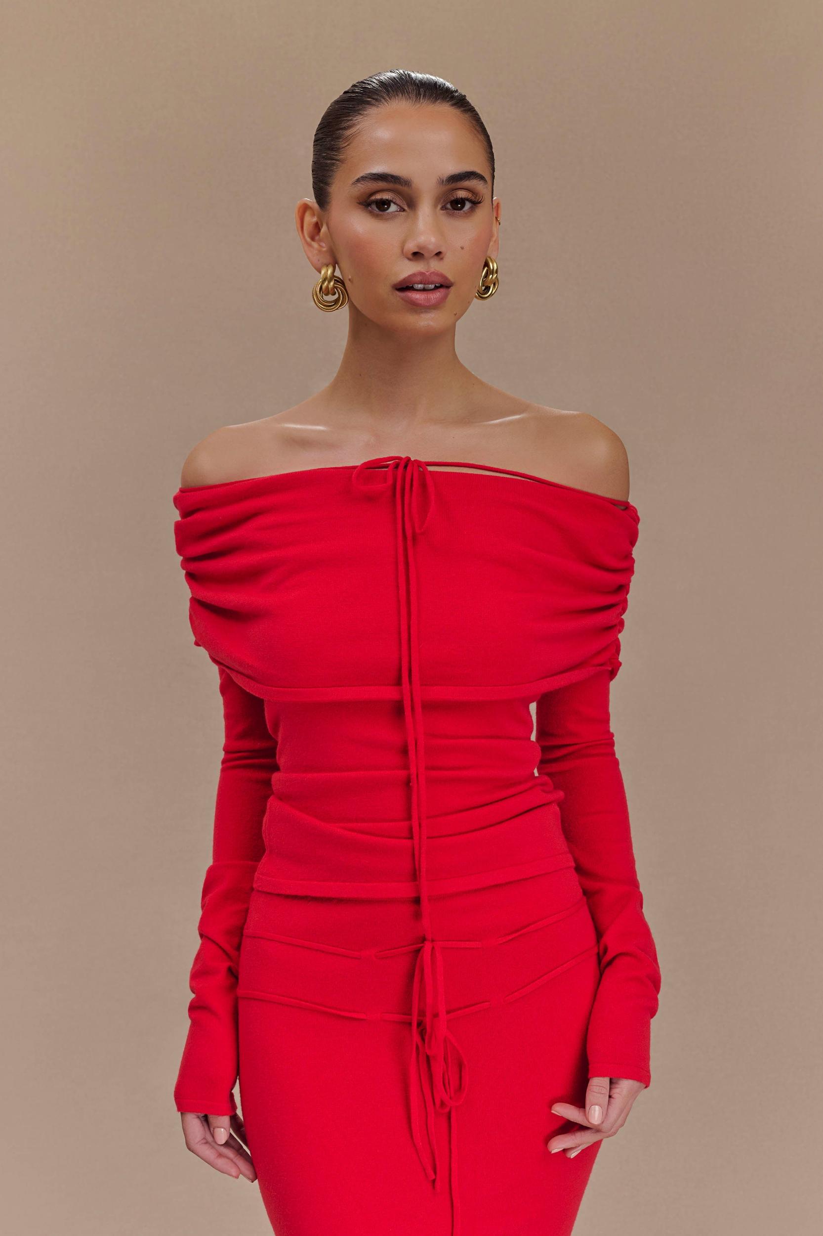 Polly Off Shoulder Long Sleeve Knit Top - Red Product Image