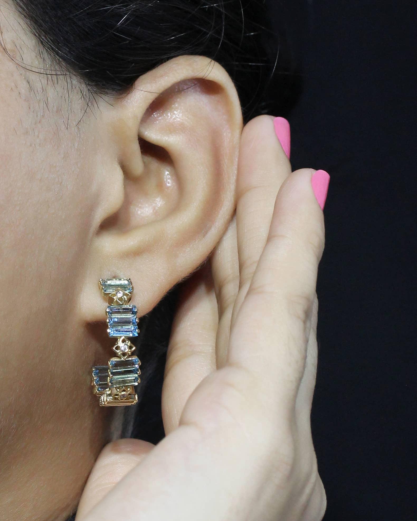 18K Yellow Gold Diamond and Baguette Swiss Blue Topaz Hoop Earrings Product Image