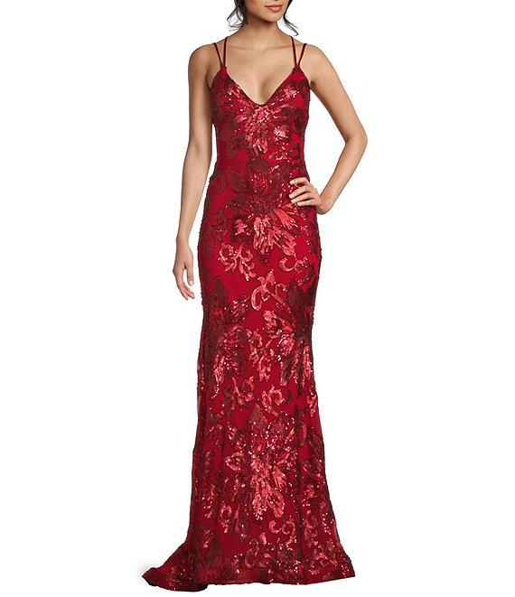 B. Darlin Double Spaghetti Strap V-Neck Placement Sequin Long Dress Product Image