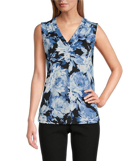 Jones New York Printed Moss Crepe V-Neck Sleeveless Pleat Front Shell Product Image