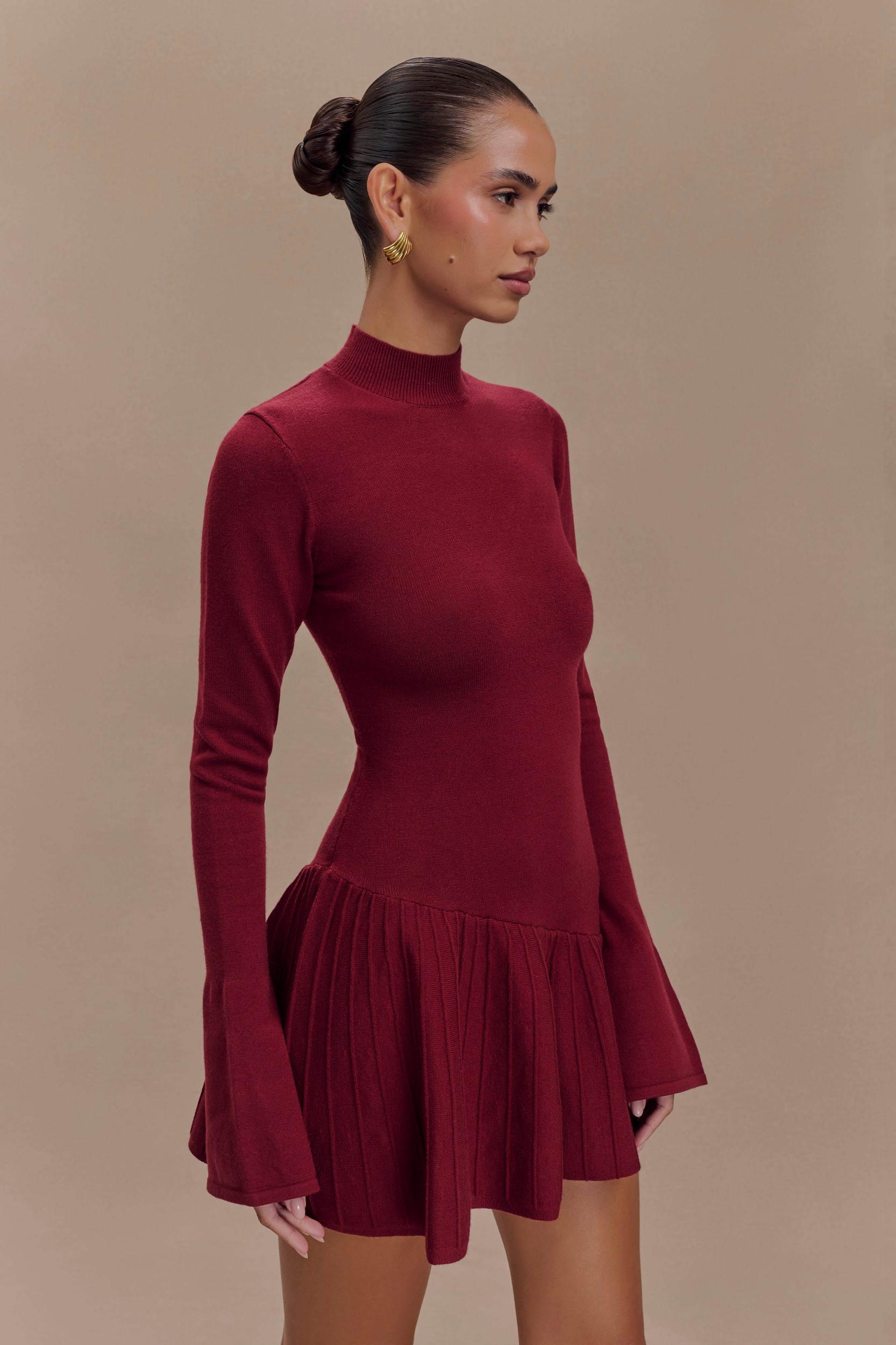 Blair Knit Mini Dress With Pleats - Merlot Product Image