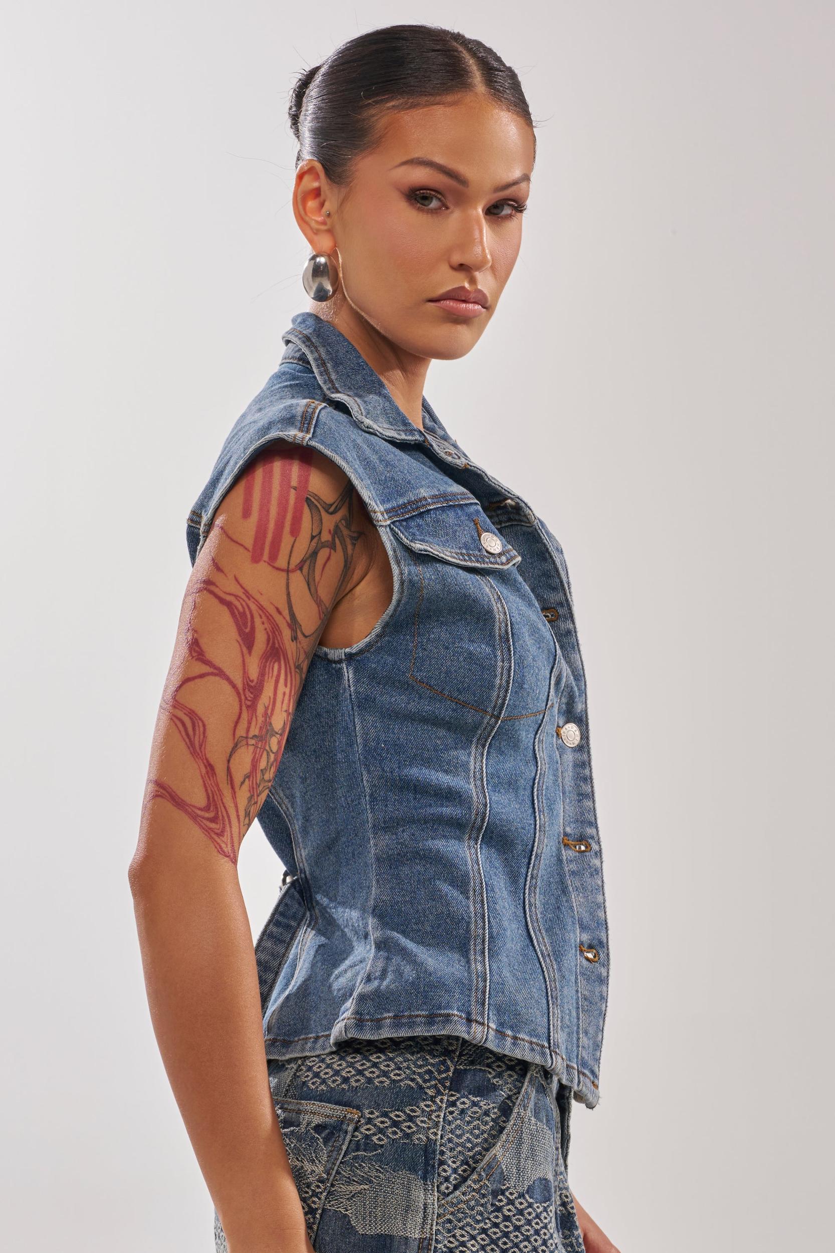 LILY DENIM BUTTON DOWN IN MEDIUM BLUE DENIM Product Image