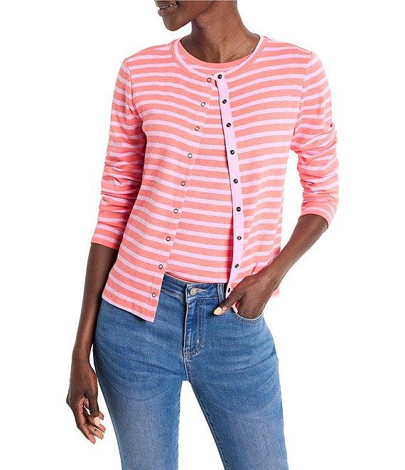 NIC + ZOE Knit Striped Print Crew Neck Long Sleeve Cardigan Product Image