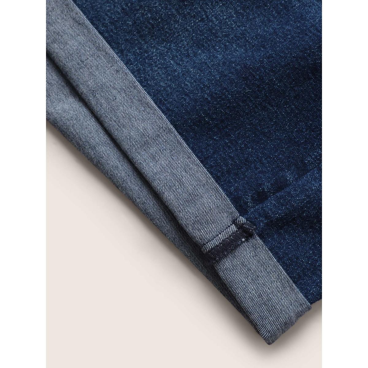 Plus Size Dark Wash Roll Hem Button Up Denim Shorts Women Denimblue Roll Hem High stretch Everyday Slanted pocket Casual Denim Shorts BloomChic 24/3X Product Image