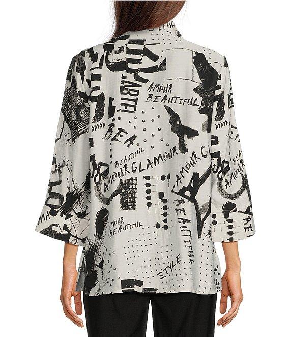Ali Miles Black White Print Wire Collar 3/4 Sleeve Button Front Tunic Product Image