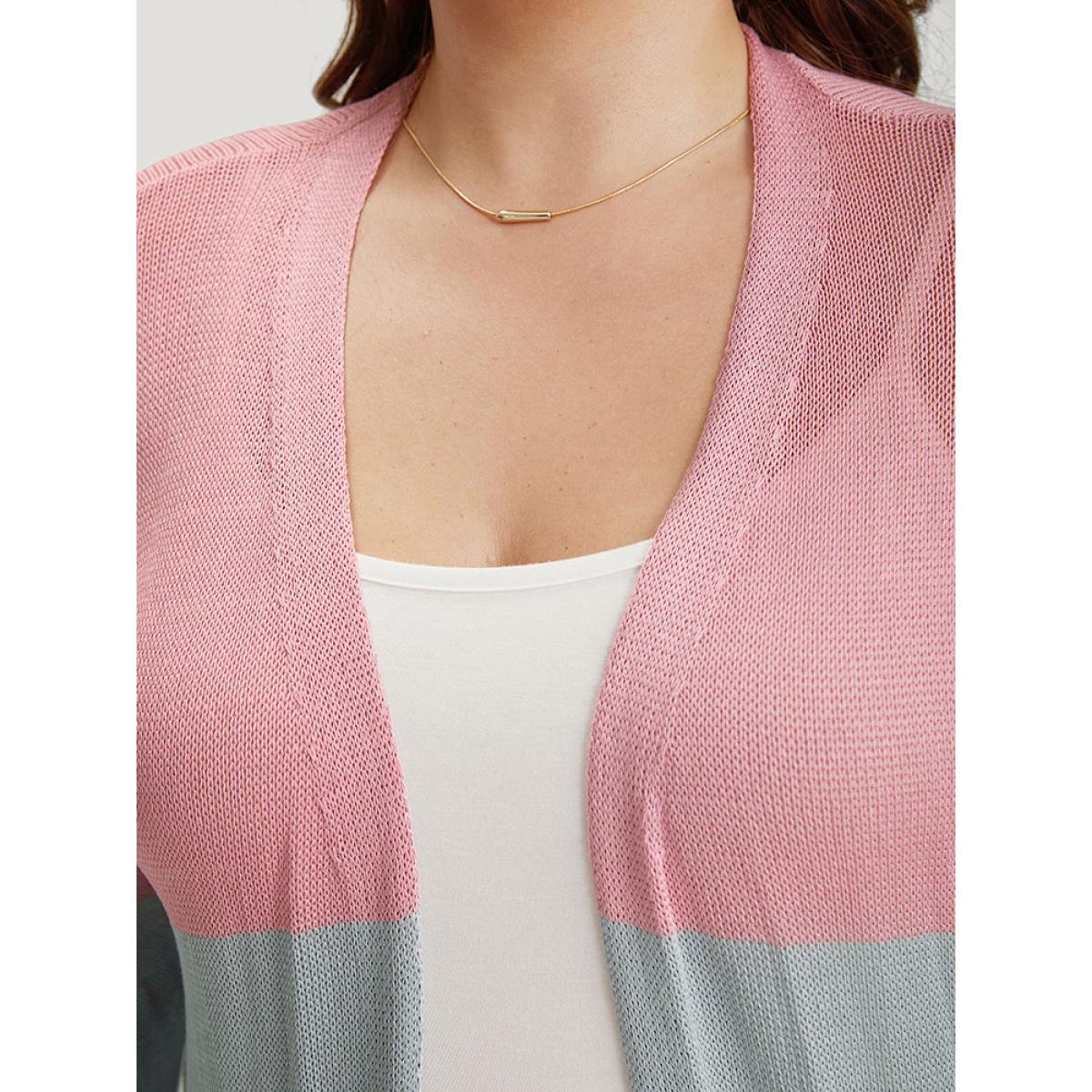 Plus Size Colorblock Pocket Drop Shoulder Elastic Cuffs Contrast Cardigan Pink Women Casual Loose Long Sleeve Dailywear Cardigans BloomChic 30/6X Product Image