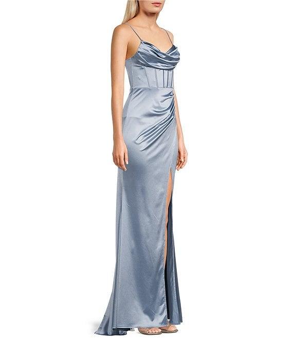 B. Darlin Cowl Neck Spaghetti Strap Corset Side Ruched Lace Up Back Front Slit Dress Product Image