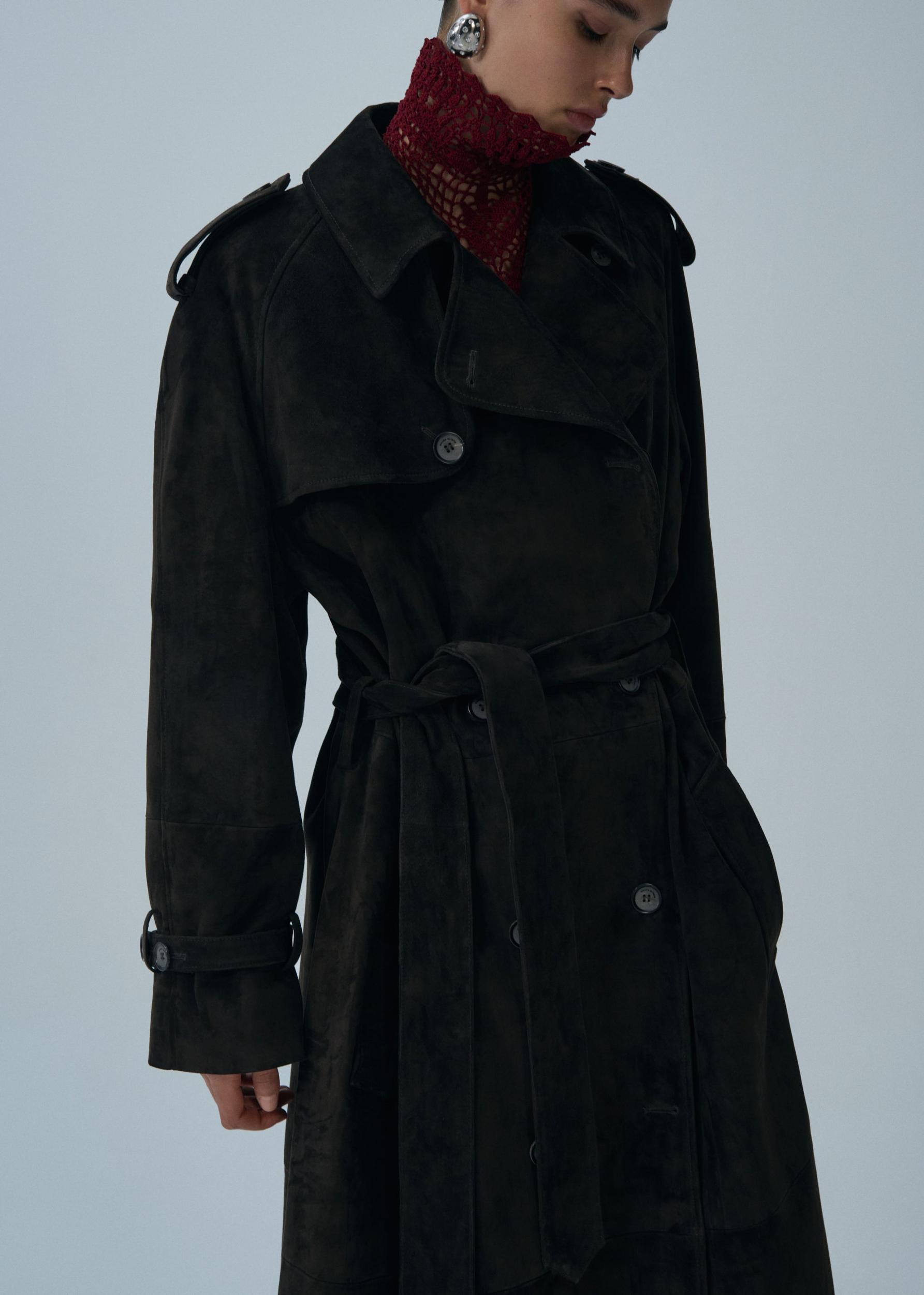 Mid-length suede trench coat in brown Product Image
