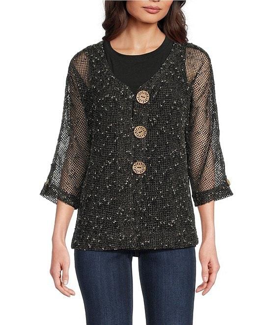 Ali Miles Woven Mesh Speckled V-Neck Elbow Length Sleeve Button Front Jacket Product Image