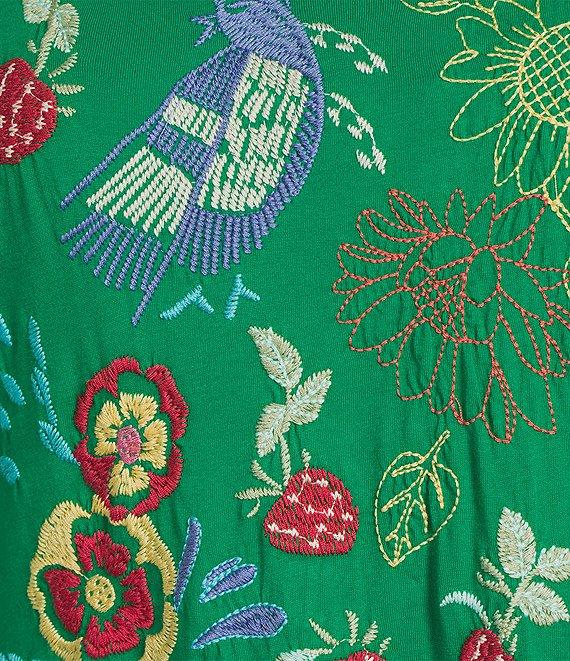 JOHNNY WAS Embroidered Floral Cotton Knit Crew Neck Short Sleeve Asymmetrical Ruffle Hem Midi Dress Product Image