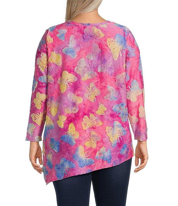 Calessa Plus Size Burnout Tie-Dye Butterfly Crew Neck 3/4 Sleeve Asymmetrical Hem Tunic Product Image