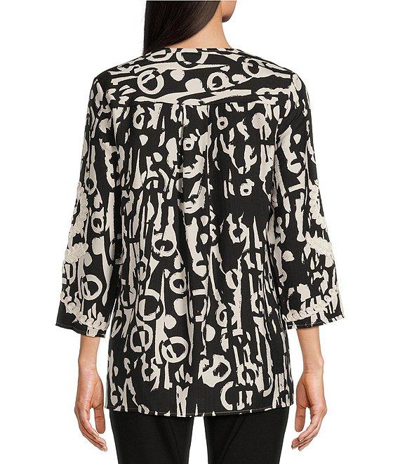 Calessa Printed Soutache Embroidered Split V-Neck 3/4 Sleeve Top Product Image