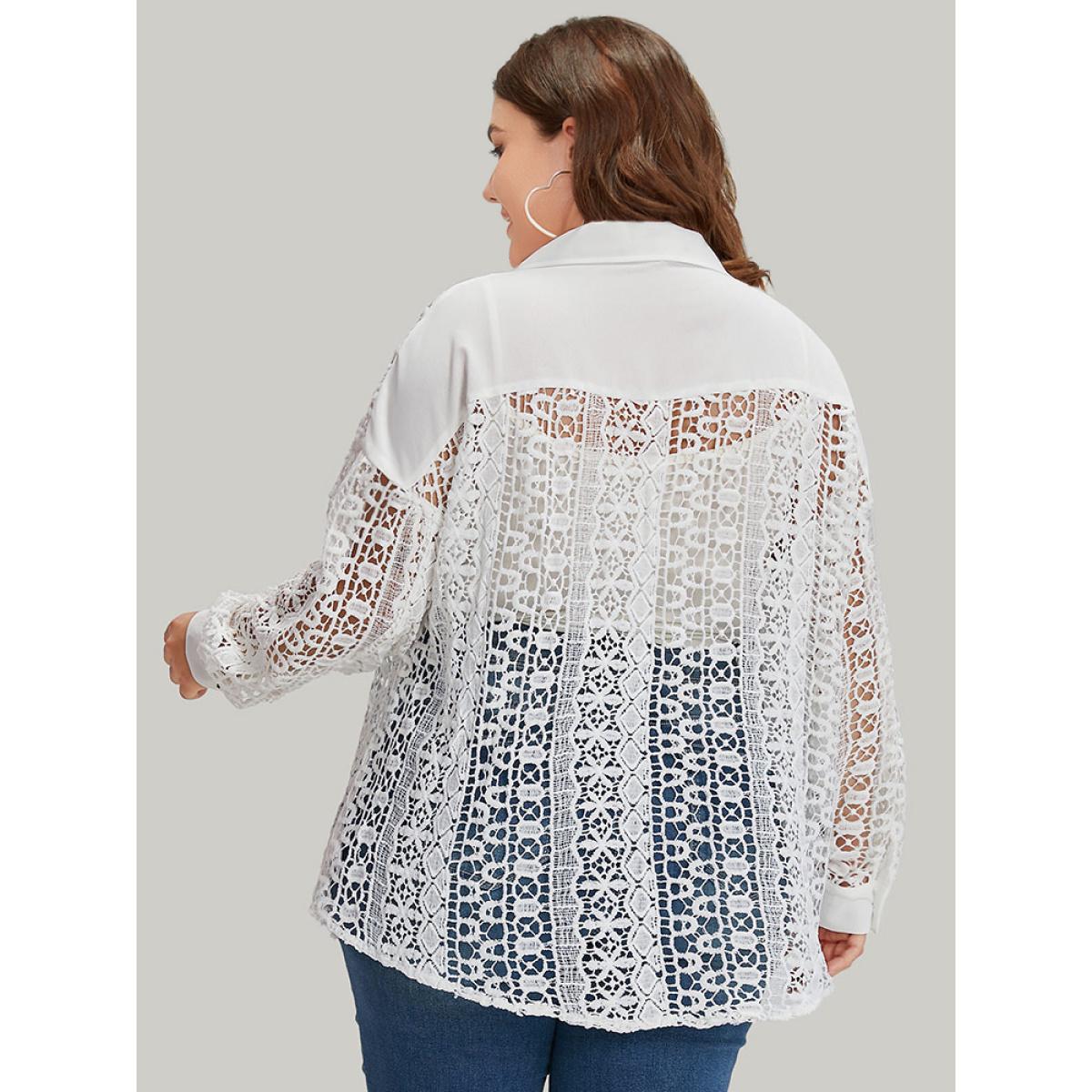 Plus Size Plain Cut Out Lace Patchwork Button Through Jacket Women White Casual Patchwork Ladies Dailywear Winter Coats BloomChic 10/M Product Image