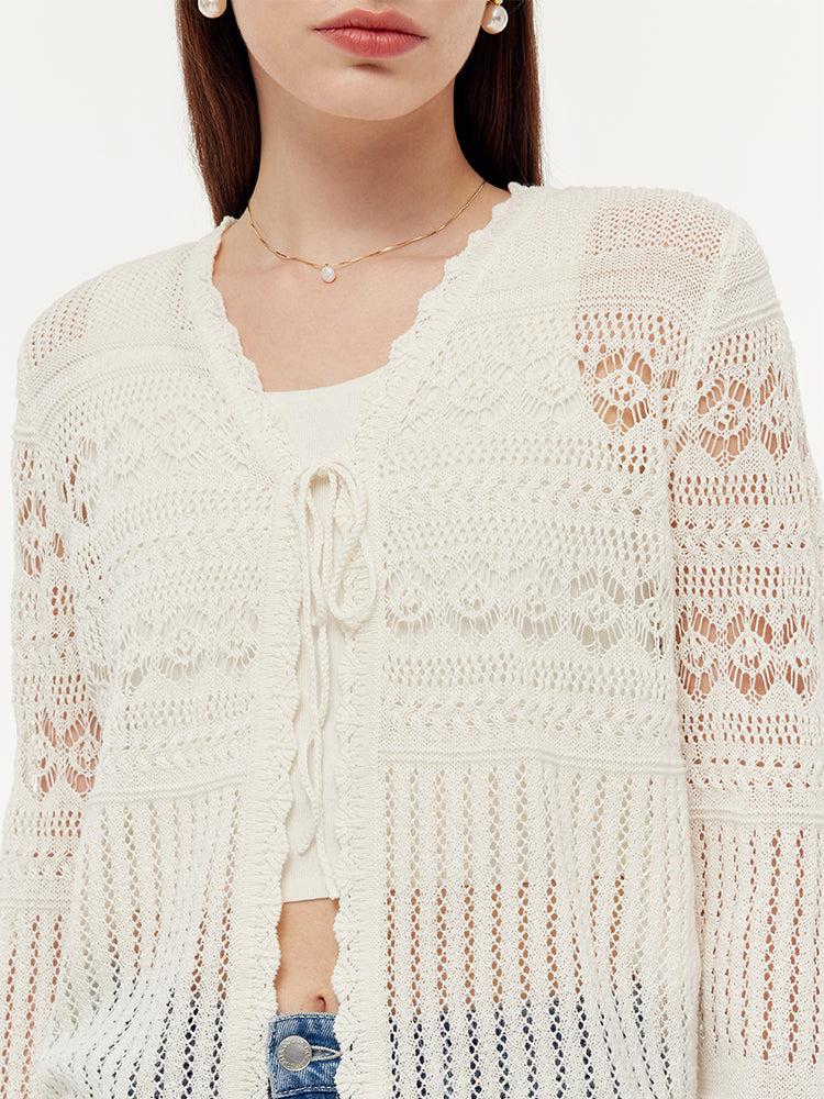 Linen Cotton Openwork Tie Front Women Cardigan Product Image