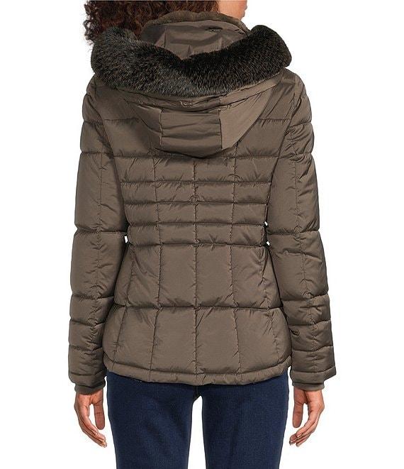 Donna Karan Faux Fur Trim Hooded Stand Collar Short Puffer Coat Product Image