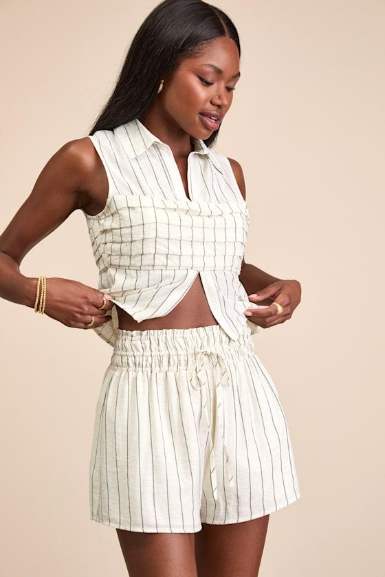 Clarette Light Beige Striped High-Waisted Shorts Product Image