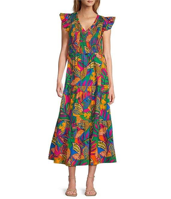 Sugarlips V-Neck Tropical Multi Sunfire Sleeveless Smocked Bodice Midi Dress Product Image