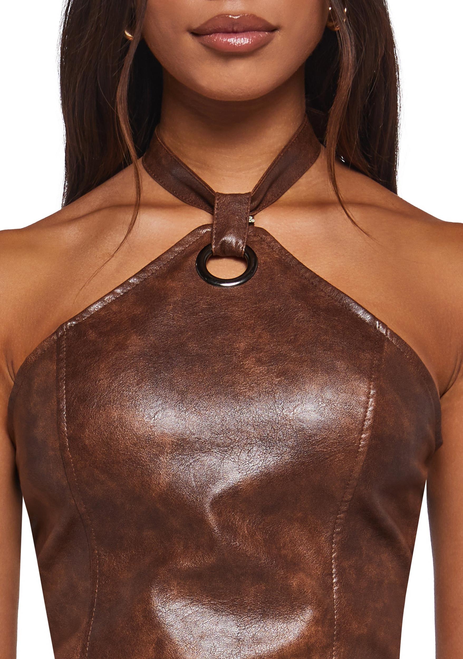 Womens Vegan Leather Halter Top - Brown Product Image