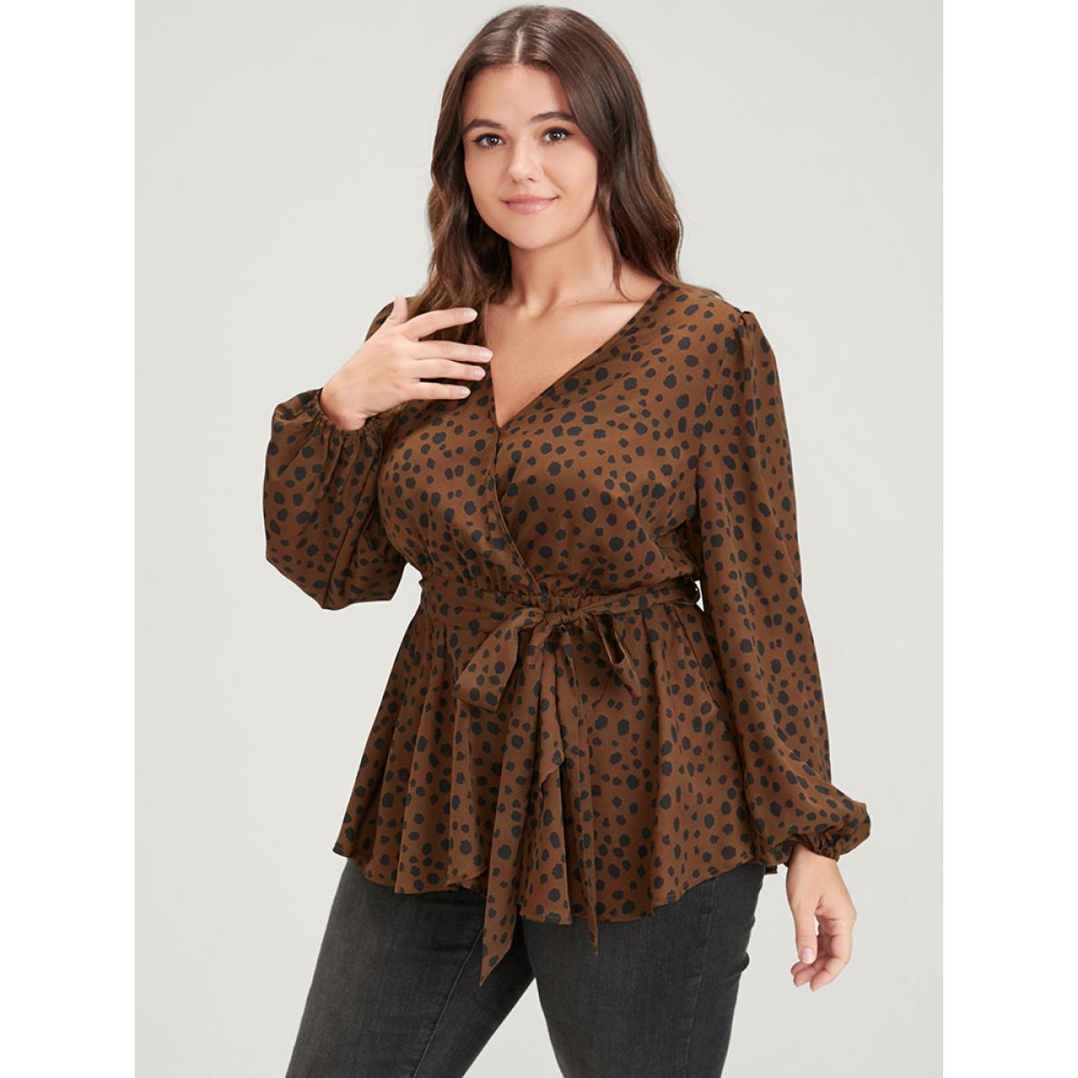 Plus Size Brown Polka Dot Lantern Sleeve Belted Wrap Blouse Women Elegant Long Sleeve V-neck Dailywear Blouses BloomChic 22-24/3X Product Image