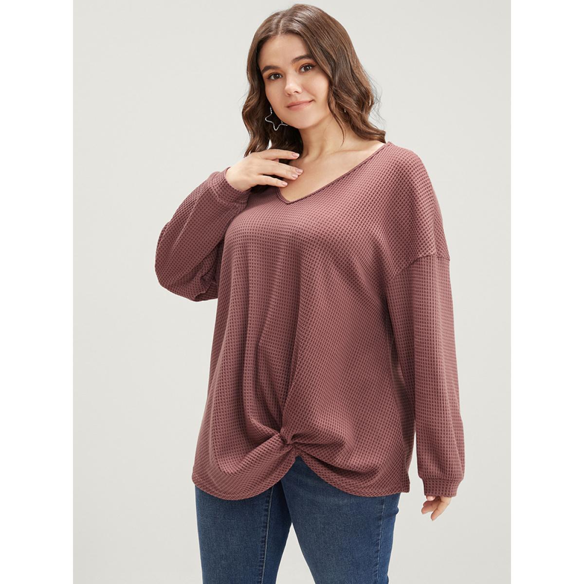 Plus Size Solid V Neck Twist Front Waffle Knit Sweatshirt Women DustyPink Elegant Asymmetrical V-neck Dailywear Sweatshirts BloomChic 14-16/1X Product Image