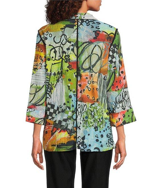 Ali Miles Petite Size Textured Woven Abstract Multi Print Wire Collar 3/4 Sleeve Button Front Tunic Product Image