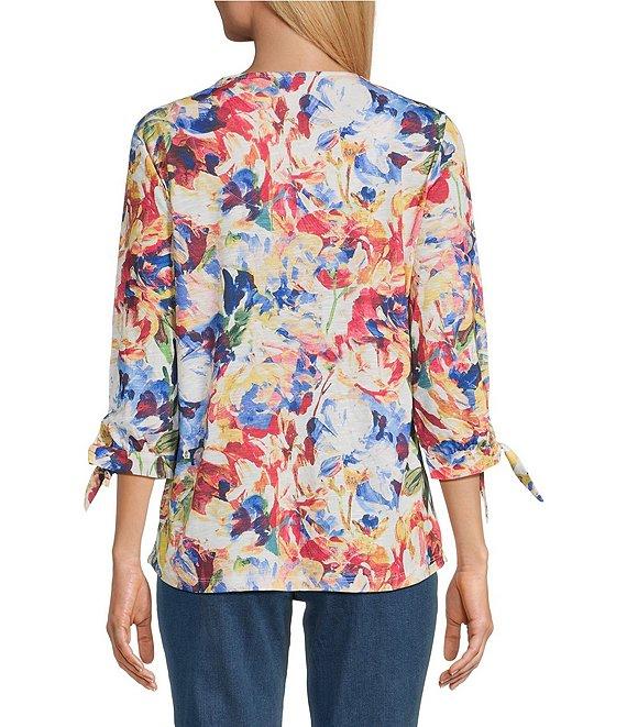 Allison Daley Flower Swirl 3/4 Tie Sleeve Keyhole Neck Knit Top Product Image