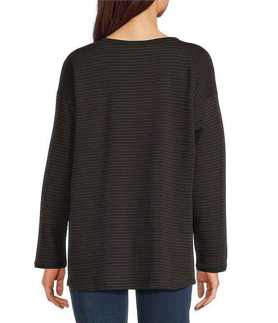 Eileen Fisher Cozy Striped Brushed Terry Organic Cotton Blend Knit Round Neck Long Sleeve Box Top Product Image