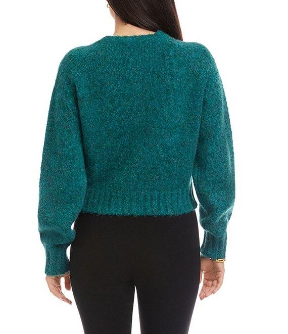 Karen Kane Wool Blend V-Neck Long Sleeve Pearl Button Front Cardigan Sweater Product Image