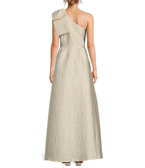 Abbey Glass Caroline Asymmetrical Neck Sleeveless Bow One Shoulder Bow Jacquard Pocketed A-Line Gown Product Image