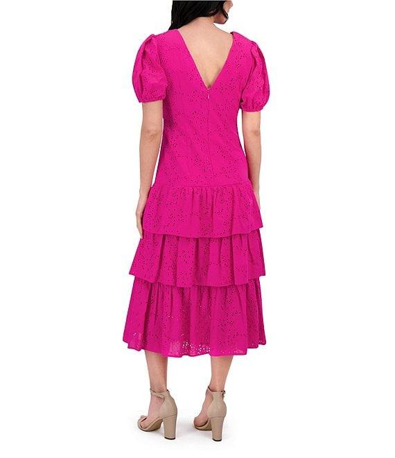 Kensie Embroidered Cotton V Neck Short Sleeve Ruched Ruffle Drop Waist Midi Dress Product Image
