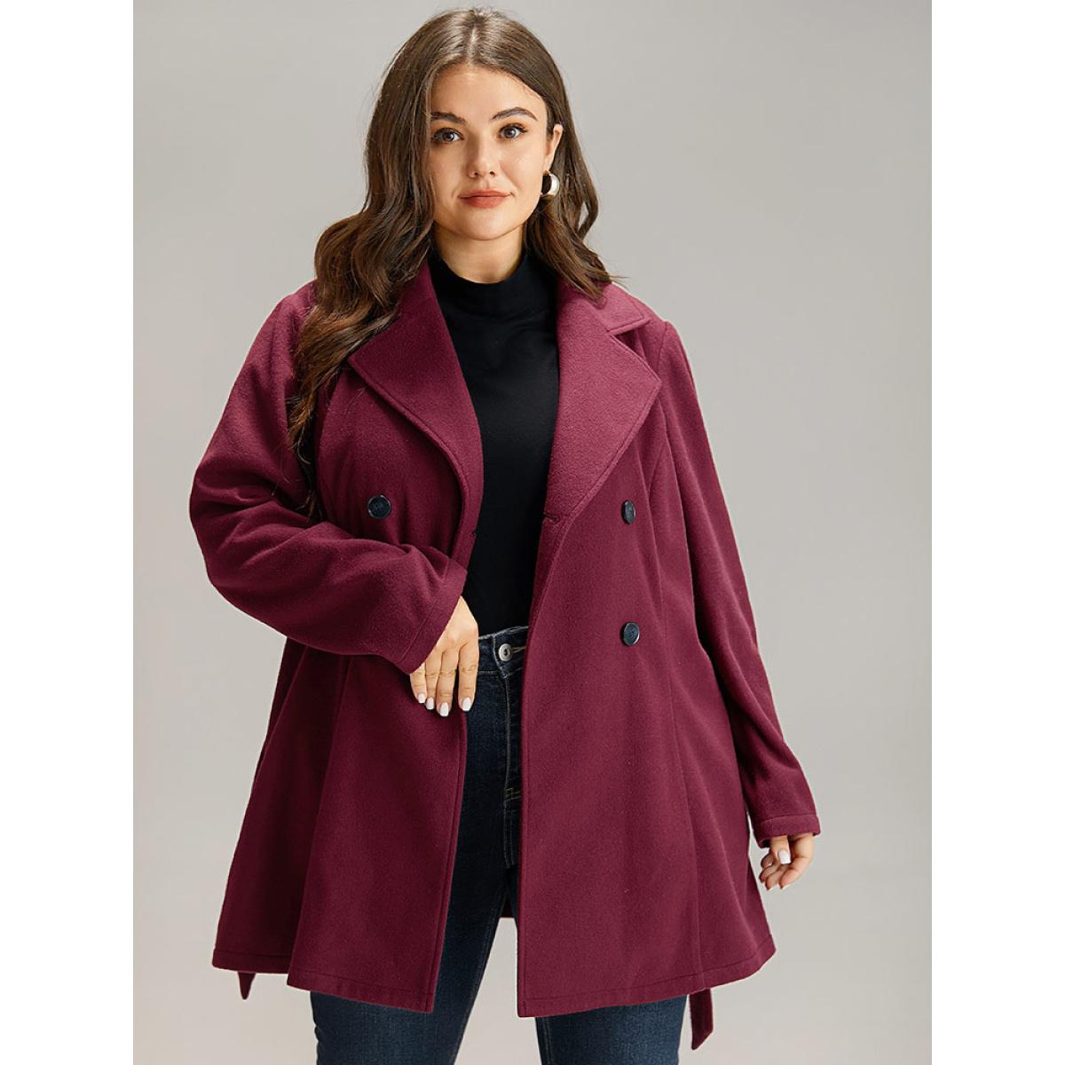Plus Size Plain Button Up Belted Lapel Collar Coat Women Burgundy Casual Plain Ladies Dailywear Winter Coats BloomChic 10/M Product Image