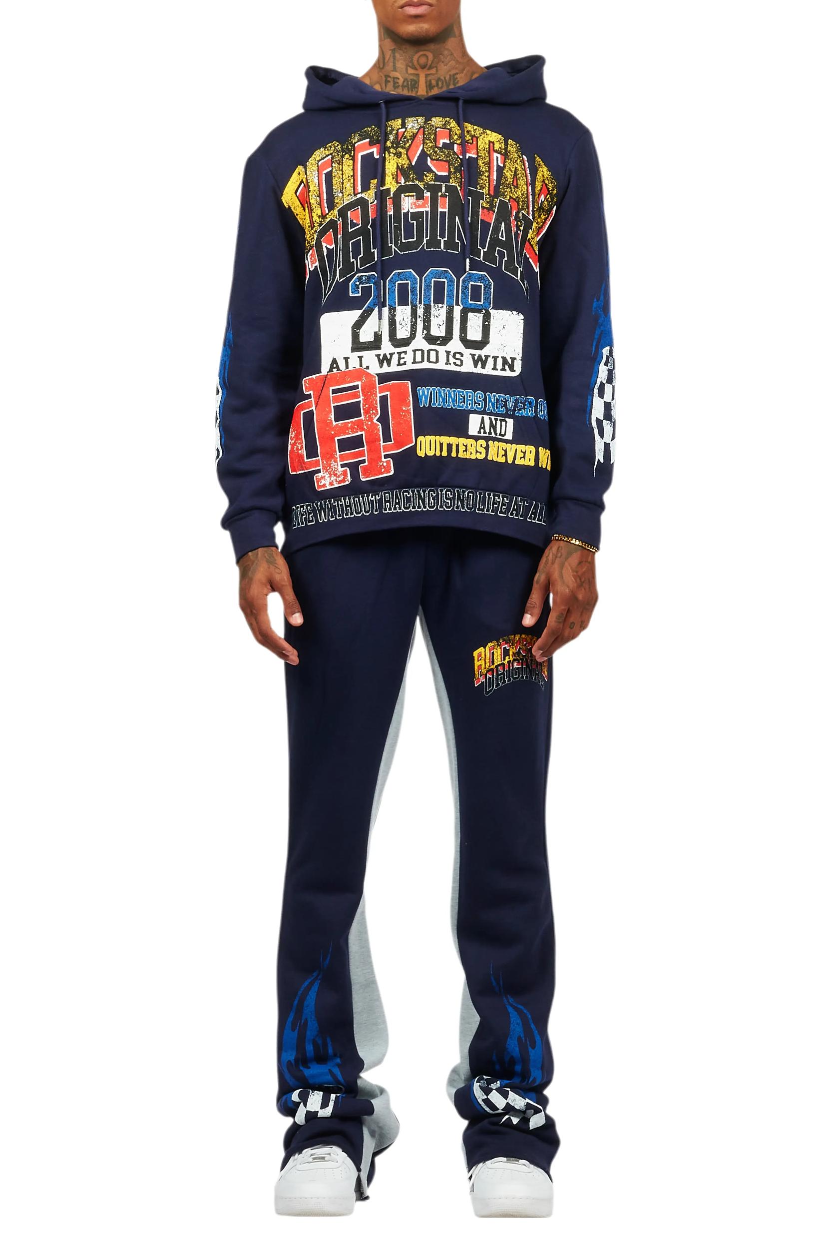 Colorful Race Navy Hoodie/Baggy Track Pant Set Male Product Image